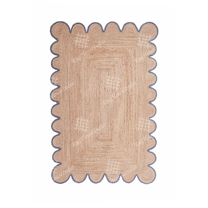 Indian Hand Braided Beige Rectangle Jute Rug With Light Blue Scallop Border, Floor Décor, home décor jute rug, home and living Room Decor