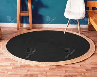 Indian Handmade Jute Braided Round Rug with Beige Border, Custom Size/Color Large Area Rug For Living Room And Home Decor Vintage Jute Rug