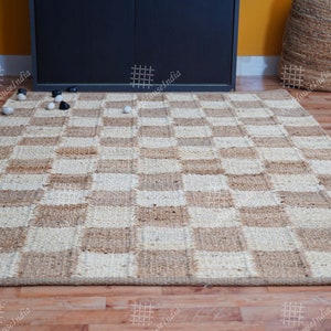 Boho Beige and Off White Checkered Hemp Jute Rug/Runner Textured Area Rug Bohemian Rug Custom Size Rug Jute Runner Rug Modern Rug