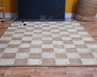 Boho Beige and Off White Checkered Hemp Jute Rug/Runner Textured Area Rug Bohemian Rug Custom Size Rug Jute Runner Rug Modern Rug