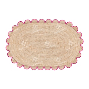 Handmade Natural Oval Jute Rug with Pink / Grey Color Scalloped Jute Rug, Bordered Oval Rug, Hand Braided Oval Jute Rug, Scalloped Color Rug