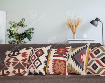 Kilim Cushion Cover Set Of 2 Pcs Rustic Jute Pillow Case Ethnic Rug Cushion Case 