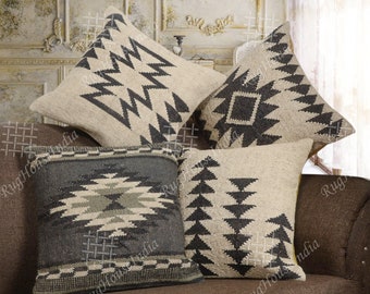 Conjunto de 4 capas de almofada indianas feitas à mão em lã e juta, 45 x 45 cm (18 x 18 polegadas), estilo étnico vintage, para decoração de sofá.