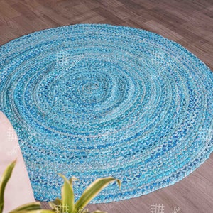 Hand Braided Round Cotton Chindi Turquoise Color Rug Area Rug, Cotton Dhurrie Rug Bohemian Home Decor Rug Customized Cotton Rugs