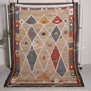 Handwoven Multicolored Jute and Cotton Rug with Fringes and Vintage Rug Turkish Rug Living Room And Home Decor Rug Area Rug Natural Jute Rug