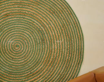 Handgevlochten ronde tafelkleden van jute; groene en beige jute ronde dhurrie rustieke boerderijtapijten