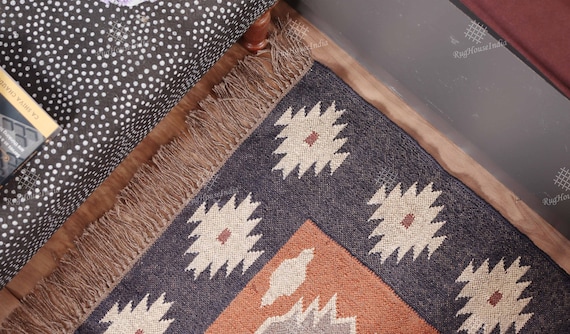 手織りウールジュートキリムラグ、ウールジュートラグ、キリムジュート