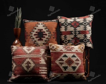 Chouhan Rugs Set Of 5 Wool Jute Throw Pillow Covers – 18x18 Inches, Bohemian Handwoven, Home Decor