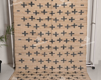 Handmade Cotton Wool Jute rugs for living room, 5x8, 6x9ft Kilim style Geometric carpet, Natural fiber rug, bedside decor handwoven rugs