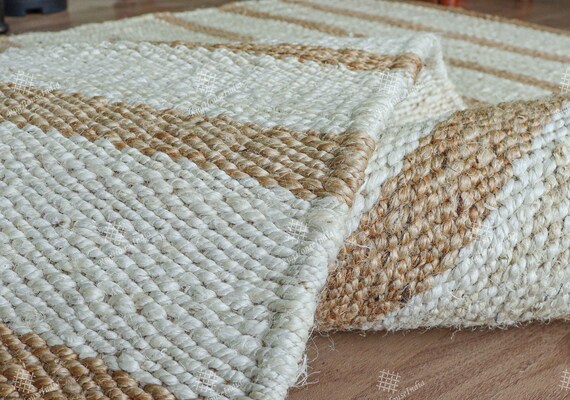 Custom Size Handmade Off White Jute Hemp Rug/Runner With Beige Stripes Indian Hand Loomed Home Decor Rugs Hemp for Farmhouse