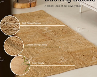 May include: A close-up of a natural fiber rug with a diamond pattern. The rug is made of jute and has a soft, natural texture. It is durable and long-lasting, and eco-friendly. The text "Dashing details" and "A closer look at our Lovely Rug" is visible in the image.