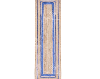 Hand Braided Natural Jute Runners With Blue/Green Border Custom Size Rug/Runner/Doormat Jute Area Rug Area Jute Rug Handmade Jute Carpet