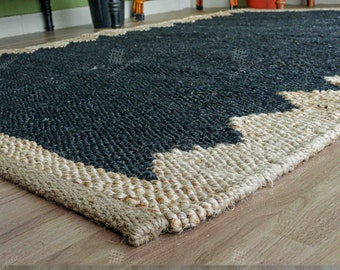 Alfombra de yute de cáñamo negro tejida a mano, alfombra de yute natural con patrón en zigzag, alfombras de 5 x 7 pies y 6 x 9 pies de tamaño personalizado, alfombras para la decoración de la sala de estar, alfombra del suroeste.