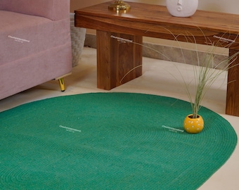 Alfombra de algodón trenzado verde hecha a mano: estilo Dhurrie ovalado, decoración bohemia.