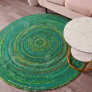 Custom Size Handwoven Colorful Cotton Round Rug/Doormat Green/White Round Hand Braided Rug Round Area Rug Eco Friendly Rug Large Turkish Rug