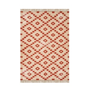 Handmade Off White with Red Design Wool Jute Kilim Dhurrie Runner/Rug Handmade Bohemian Rug