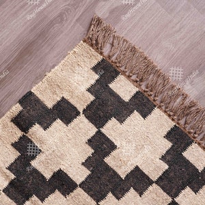 Custom Size Indian Handmade Rectangle Kilim Rug Off White With Black Design Kilim Dhurrie Rug