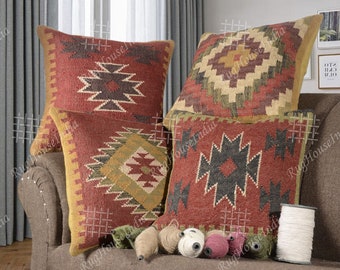 Lot de 4 housses de coussin kilim vintage en laine et jute, taies d'oreiller décoration intérieure, taies d'oreiller turques tissées à la main, taies d'oreiller décoratives