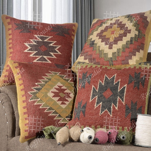 Juego de 4 fundas de cojín Kilim vintage de yute de lana, fundas de almohada de decoración del hogar, fundas de almohada turcas tejidas a mano, fundas de almohada decorativas