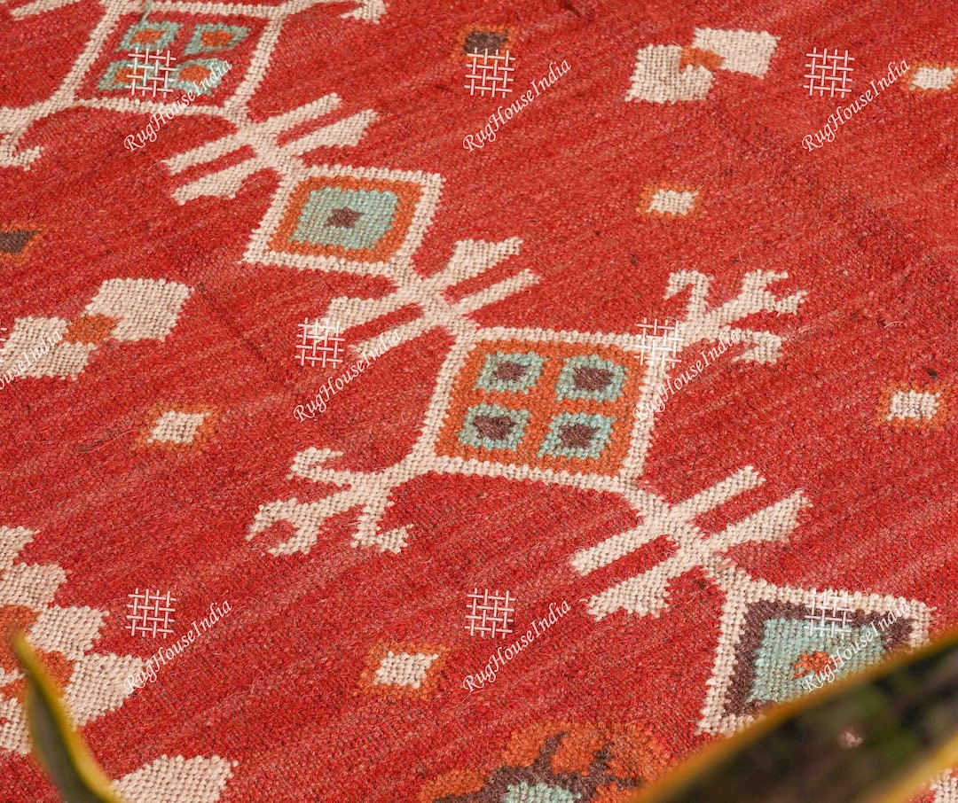 Geometric Red Kilim Wool Rug | Handwoven Tribal Area | Vintage Boho ...