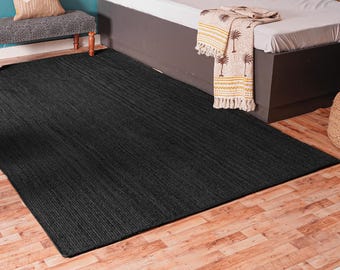 Handwoven Black jute rugs for room decor, Solid carpets multicolor boho stylish jute mat, 5x7feet Vintage carpet, Custom size, eco friendly