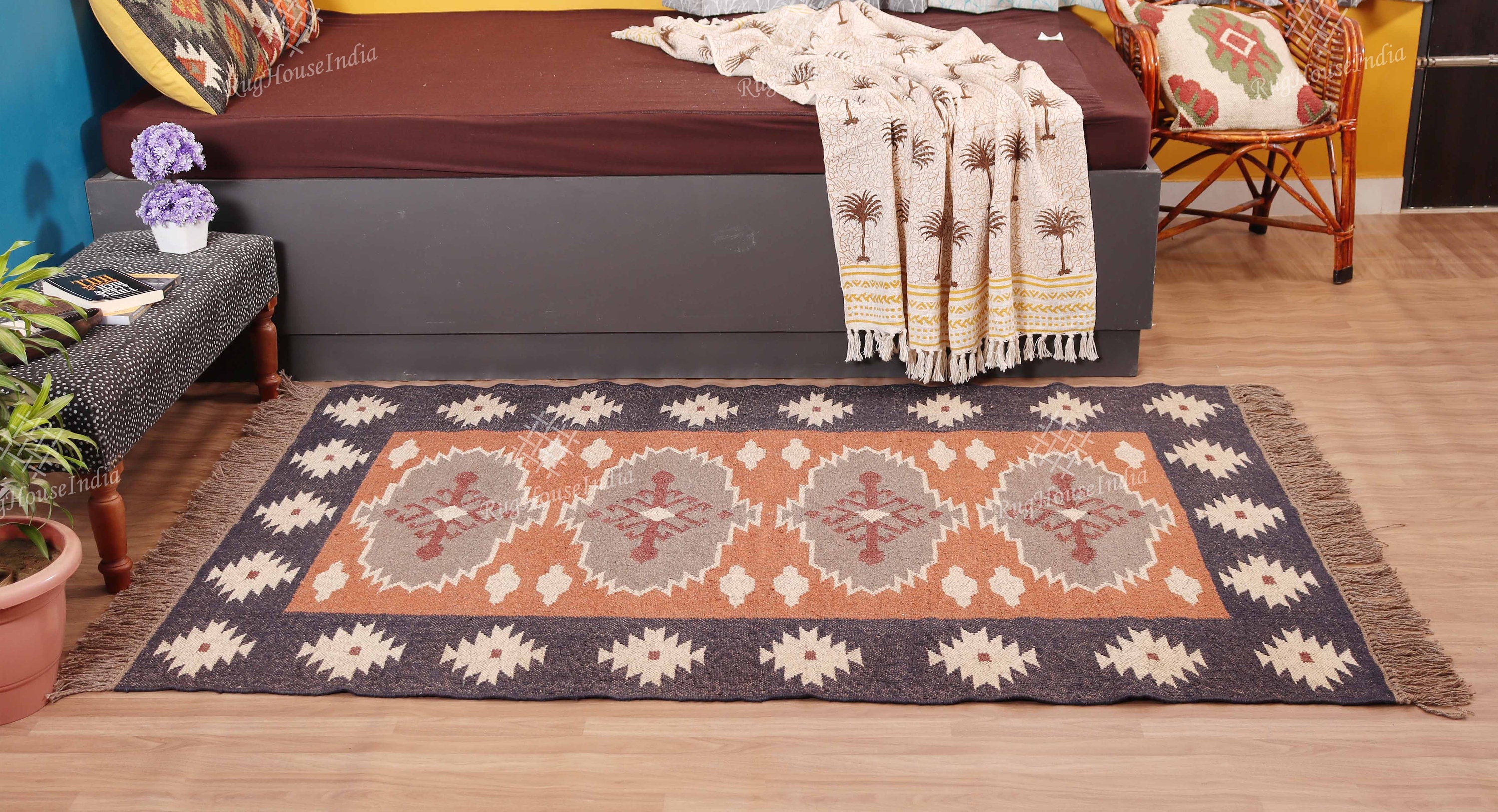 手織りウールジュートキリムラグ、ウールジュートラグ、キリムジュート