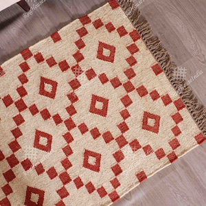 Indian Handmade Off White Kilim Jute Rug With Red Design Rug Custom Size Kilim Dhurrie Rug Rugs For Living Room Decor Rug  Fringes Jute Rug