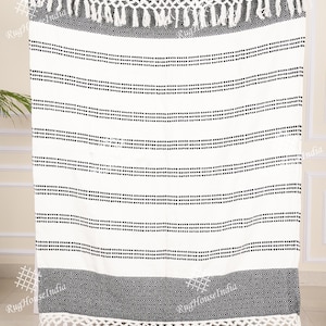 Boho Vintage Soft Cotton Throws Blankets for Decor Couch, Hand Loom Hand Block Printed Bed Runner Boho Cotton Fringed Blanket Beach Throw