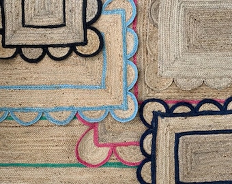 Braided Scalloped Jute Rug: Handmade scallop edge rug, Bohemian area jute carpet, Pure Vegan Eco Friendly Custom Size and Color, 4x7 Ft Rugs