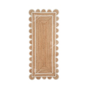 Custom Size Indian Hand Braided Rectangle Runner Scalloped Rug Beige With White Scalloped Border Jute Rug For Living Room Décor Large Rug