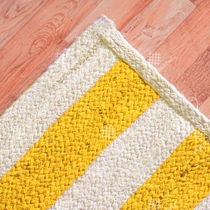 Indian Hand Braided Rectangle Shape Jute Rug, Custom Size White With Yellow Stripes Line Jute Rug, Eco Friendly Rug