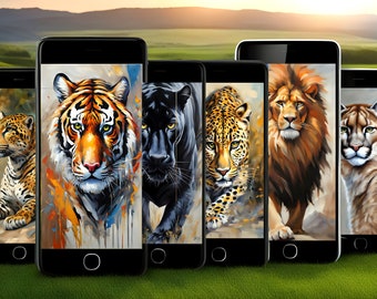 Conjunto de fondos de pantalla para teléfonos inteligentes, fondos de teléfono, conjunto de 6 imágenes, descarga instantánea. Temática: pinturas de felinos salvajes