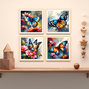 Printable digital wall art: Set of 4 colorful square illustrations of beautiful butterflies