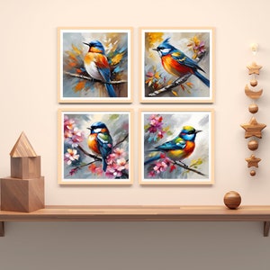 Printable digital wall art: Set of 4 colorful illustrations of beautiful birds