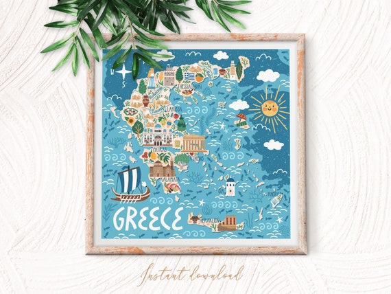 Greece Map Travel Poster Cute Wall Art Etsy