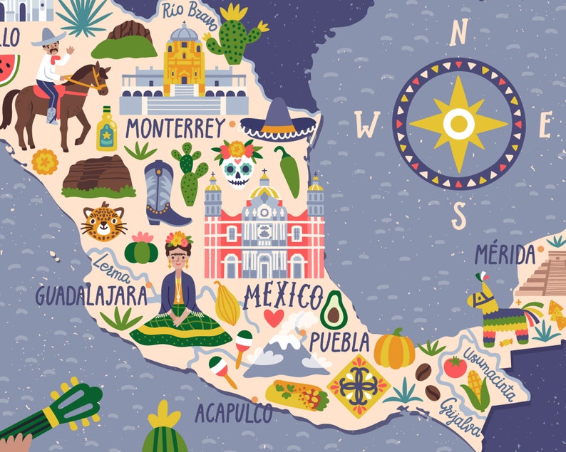 mexico map poster travel print kids wall art cute map etsy