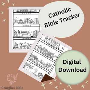 May include: Black and white line art of a bookshelf with books, plants, and a desk lamp. The text "Catholic Bible Tracker" and "Digital Download" are displayed on the image. The image is a digital download.