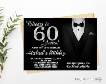 60th Birthday Invitations, Tuxedo Birthday Invitation, Men Birthday Party,  Cheers To 60 Years Invitation, PERSONALIZED, Digital file, M110