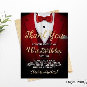 Cartão de agradecimento, cartão de agradecimento de smoking dourado, convite para festa de aniversário de 40 anos para adultos, brindes aos 40 anos, PERSONALIZADO, arquivo digital, M199