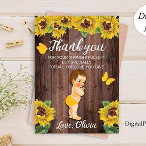 Bedankt kaart babyshower, babyshower bedankt, zonnebloem babyshower uitnodigen, houten babyshower, digitaal bestand, GEPERSONALISEERD, B68