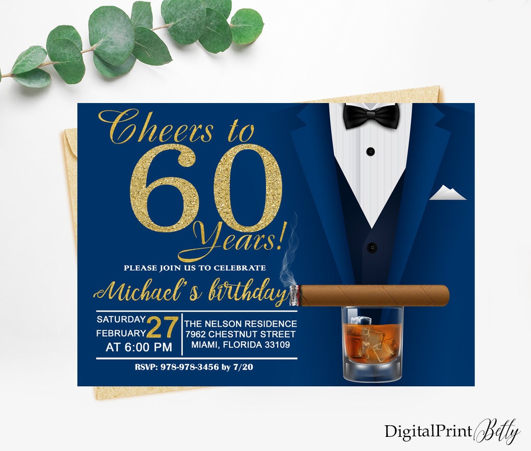 60th Birthday Invitations Men Birthday Party Whiskey and Etsy