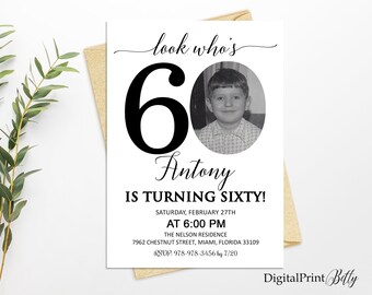 60th Birthday Invitations, Men Birthday Party, Look Who's, Men Invitation, 60th Birthday invite, PERSONALIZED, Digital file, M304
