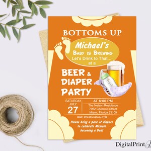 Bottoms Up Beer and Diaper Party Invitation for a Man Shower, Beer and Diaper Party Invite, PERSONALIZED, Digital file, MS14
