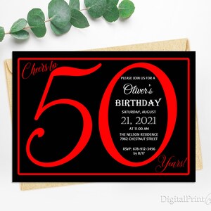 50th Birthday Invitations, Men Birthday Party, Black and White Invite, Cheers To 50 Years Invitation, PERSONALIZED, Digital file, M121