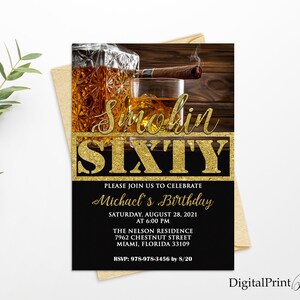 60th Birthday Invitations, Men Birthday Party, Whiskey and Cigar Invite, Cheers To 60 Years Invitation, PERSONALIZED, Digital file, M201