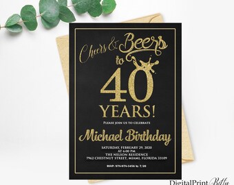 40th Birthday Beer Themed Invitations, Men Birthday Party, Chalkboard Beer Invitation, Cheers & Beers, PERSONALIZED, Digital file, M38