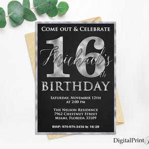 16th Birthday Invitation, Silver and Black Birthday invite, Boys Birthday Invitation, Silver Invite, PERSONALIZED, Digital file, #15