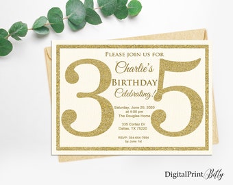 35th Birthday Invitation, Gold Invitation, Gold Glitter Birthday invite, Digital file, PERSONALIZED, Digital file, M4