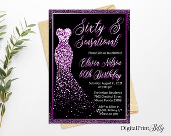 Sixty and Sensational Invitation, Purple Glitter 60th Woman Birthday Invitation, Any Age Birthday Invite, PERSONALIZED, Digital file, W36