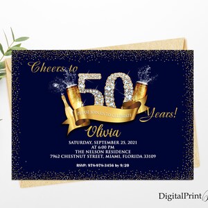 Woman Birthday Invitation, 50th Birthday Party, Gold Birthday Invitation, Cheers To 50 Years Invitation, PERSONALIZED, Digital file, W21